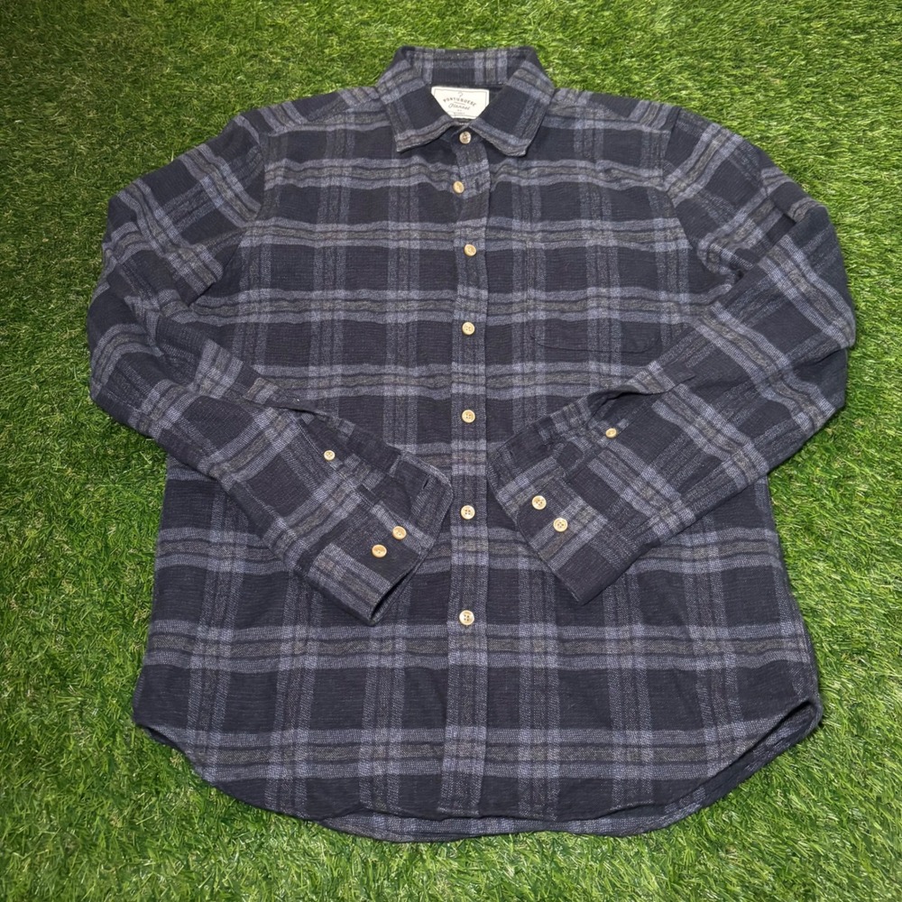 Portuguese Flannel Old Style Wisdom Navy Grey Plaid Cotton Shirt Mens Medium